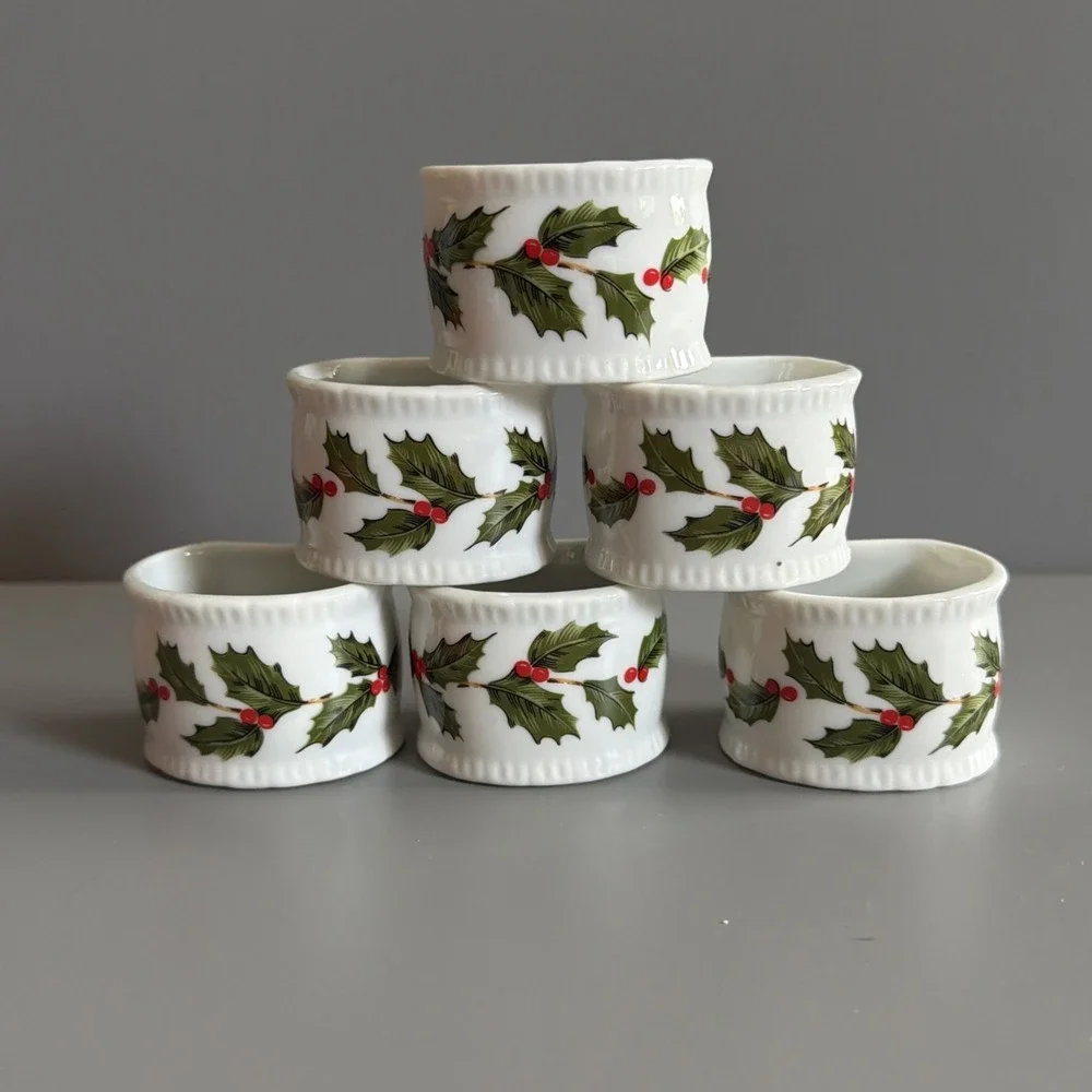 Set of 6 - Vintage 1980s Lefton China Christmas Napkin Rings #05242 w/ Box